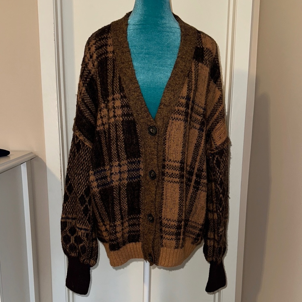 Free People Brown Plaid Cardigan